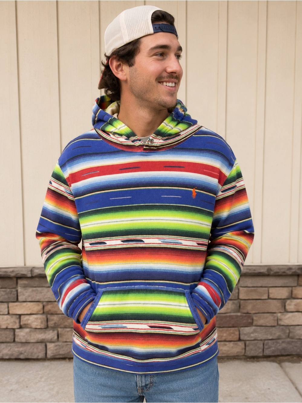 Polo Ralph Lauren Mens L Multi Serape Print Fleece Graphic Pullover Hoodie $368